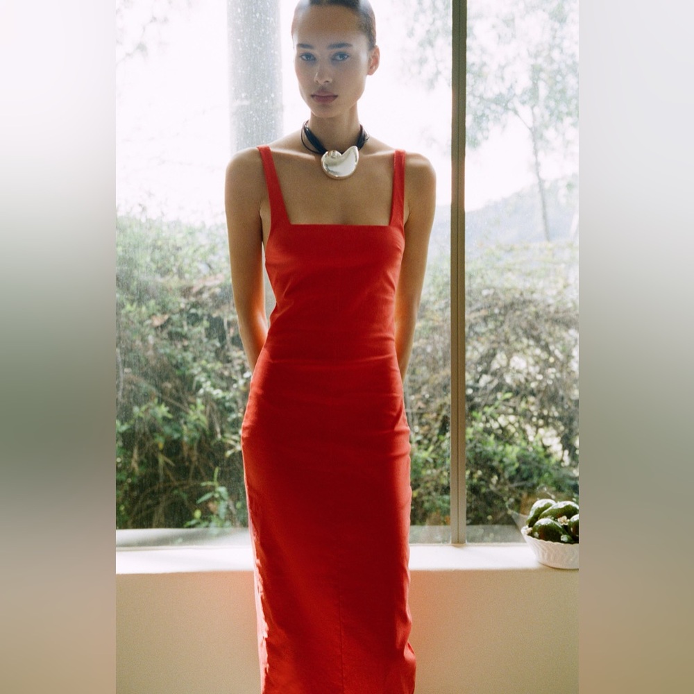 Zara linen blend Red midi dress open back cocktail